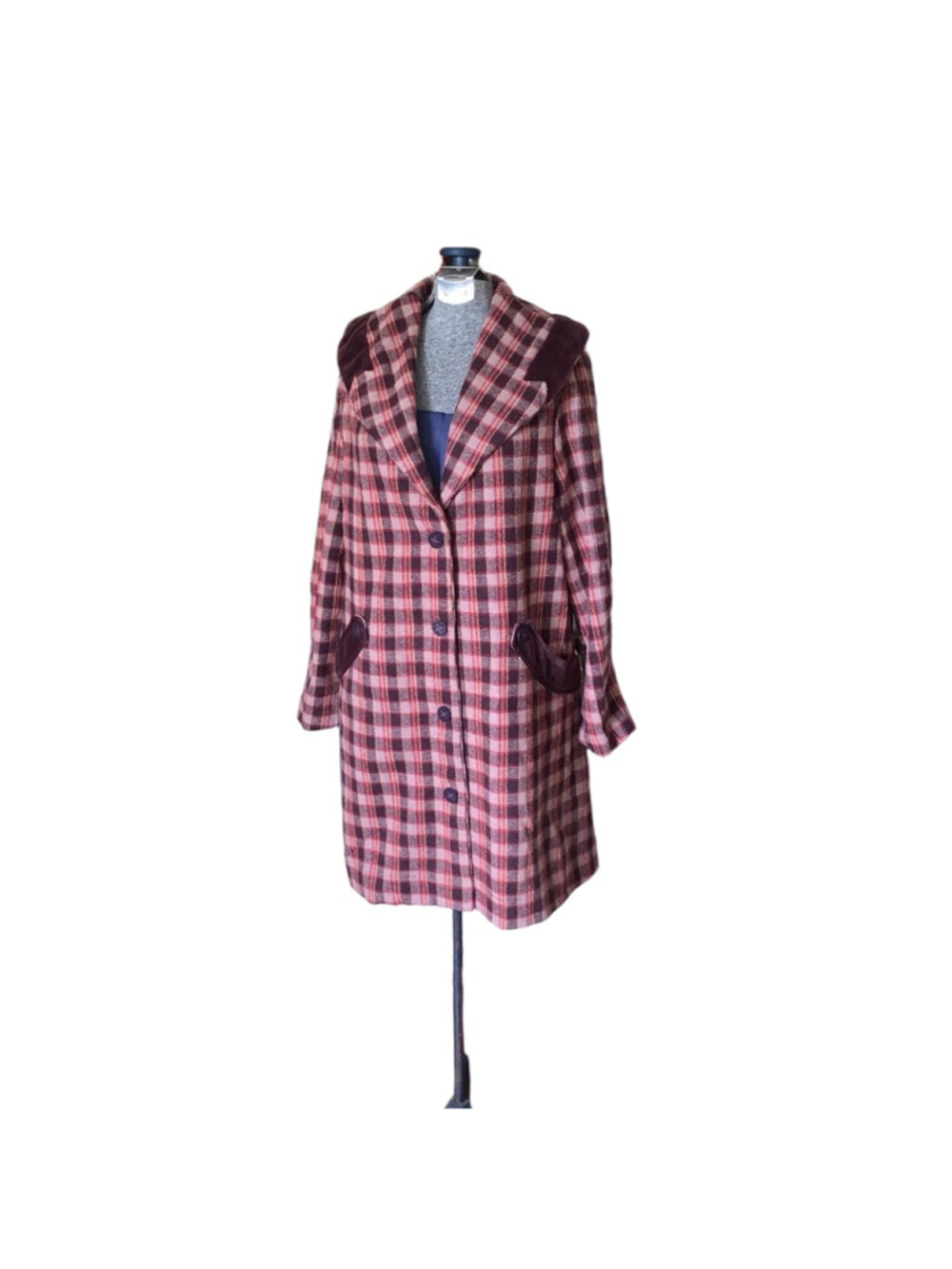 April Cornell Plaid Coat, Size large, burgundy and Brown wool blend